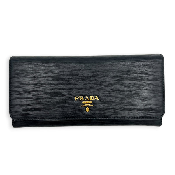 Vitello Move Long Black Wallet in Calfskin, Gold hardware