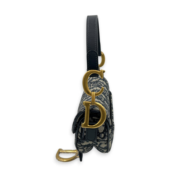 Saddle Mini Blue Shoulder Bag in Jacquard, Gold hardware