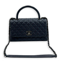 Coco Handle Quilted Top Handle Bag Blue in Caviar Leather, Ruthenium hardware