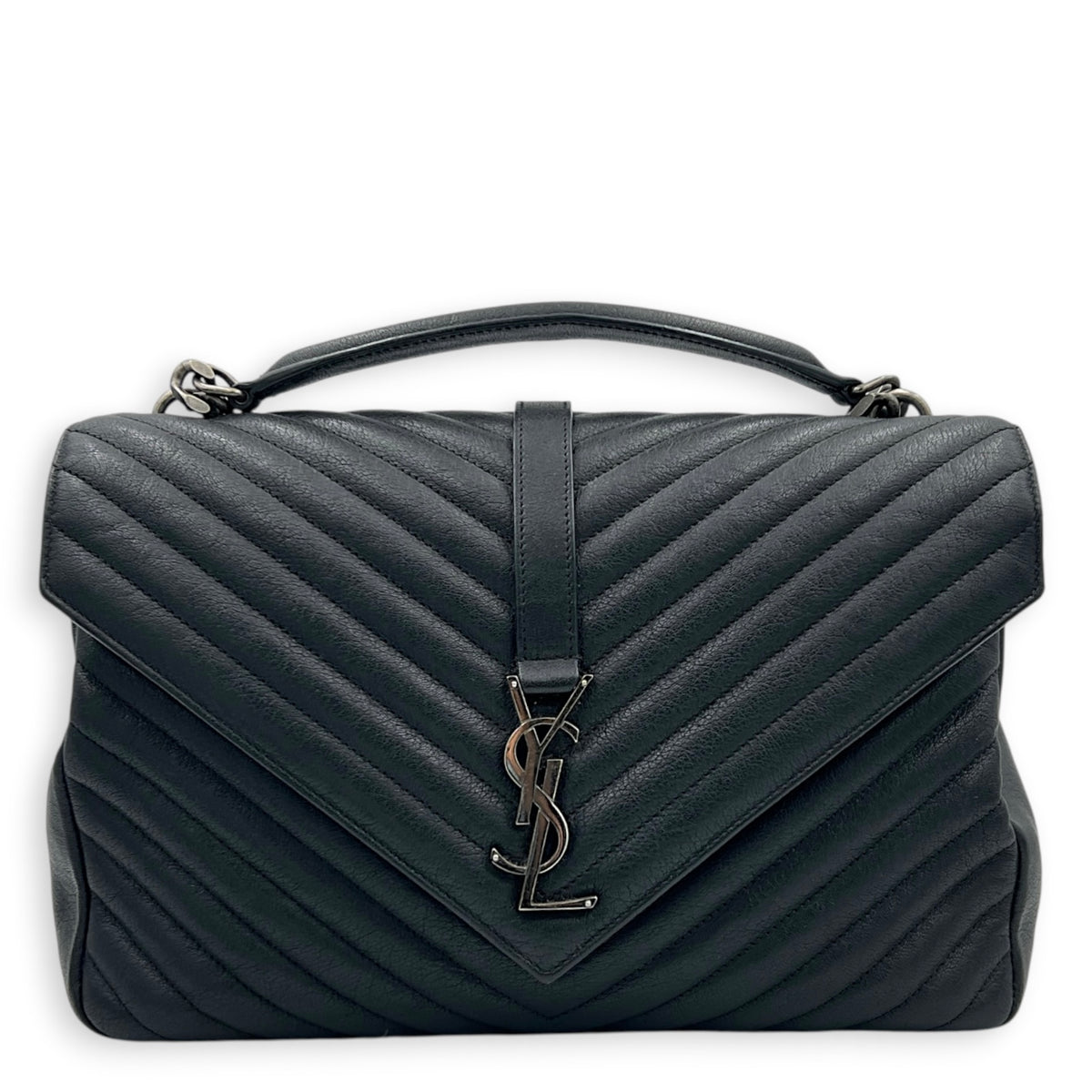 College Black Shoulder Bag in Calfskin, Ruthenium hardware