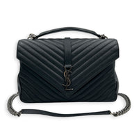 College Black Shoulder Bag in Calfskin, Ruthenium hardware