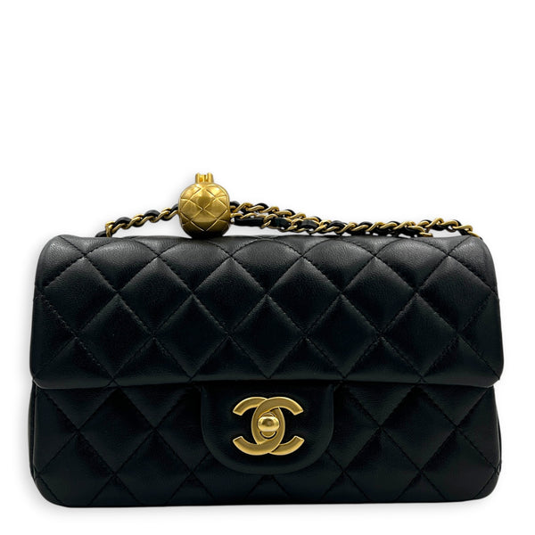 CC Rectangle Pearl Crush Shoulder Bag Small Black in Lambskin, Gold hardware