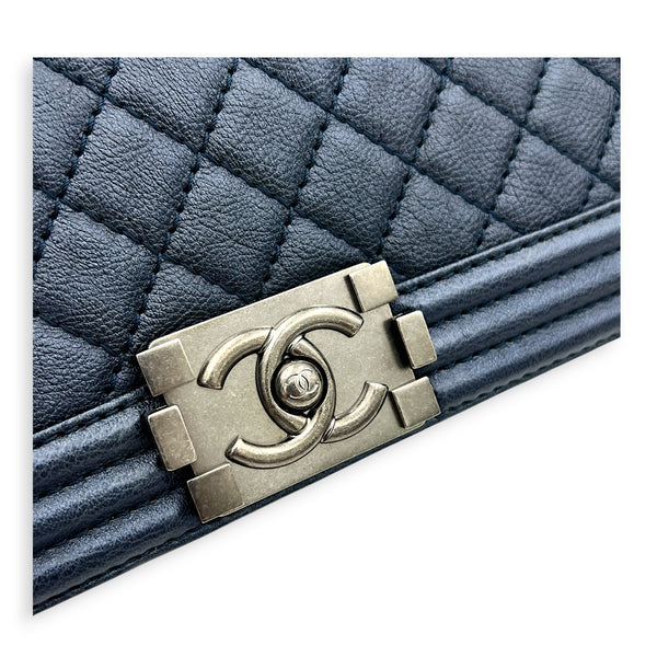 Boy Shoulder Bag Medium Blue in Calfskin, Ruthenium hardware