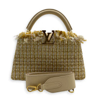 Capucines Top Handle Bag Beige in Tweed, Gold hardware