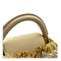 Capucines Top Handle Bag Beige in Tweed, Gold hardware