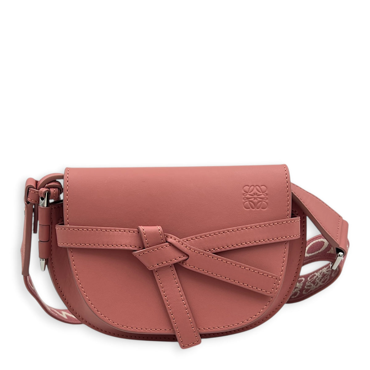 Gate Dual Mini Pink Crossbody Bag in Calfskin, Silver hardware