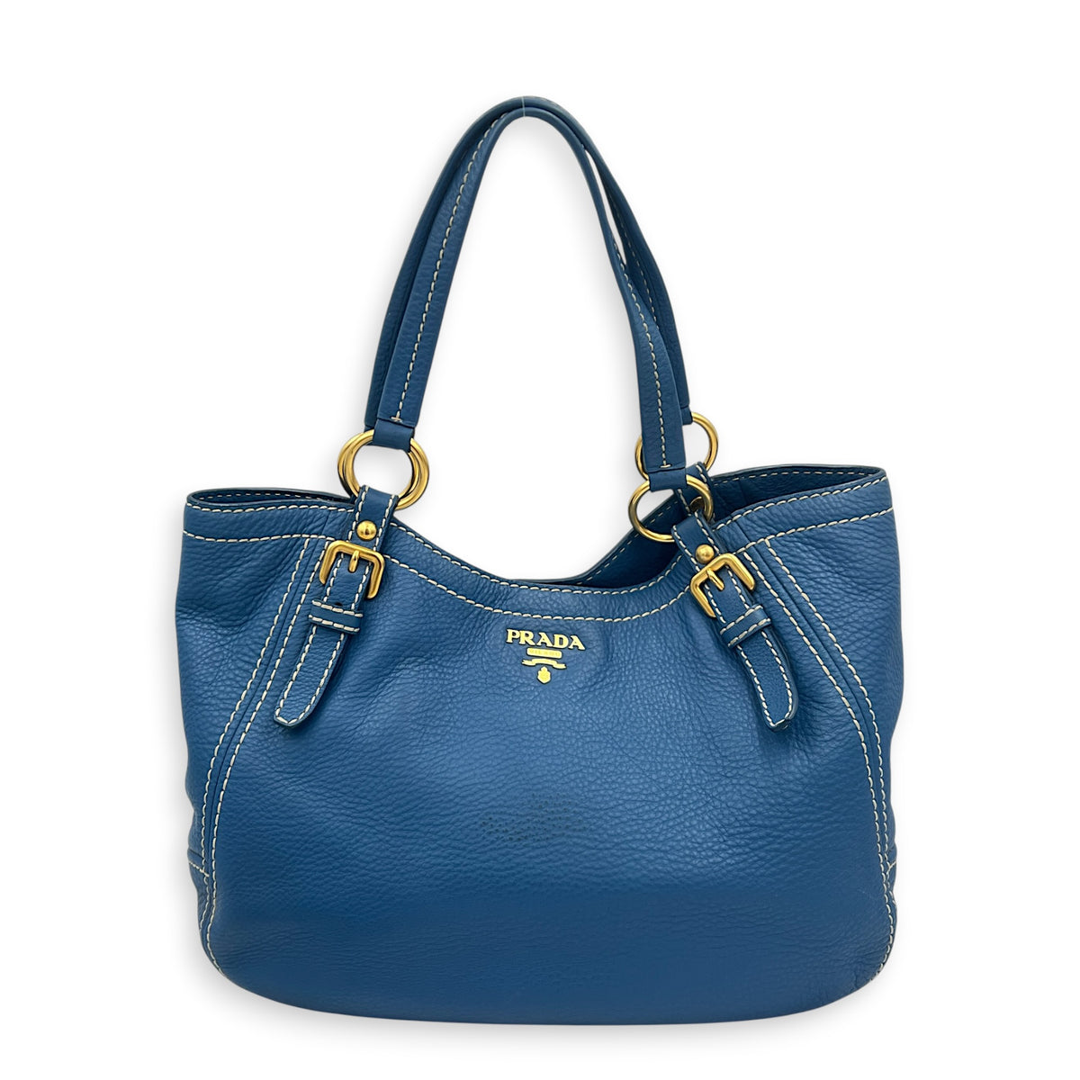Logo Top Handle Bag Blue in Calfskin, Gold hardware