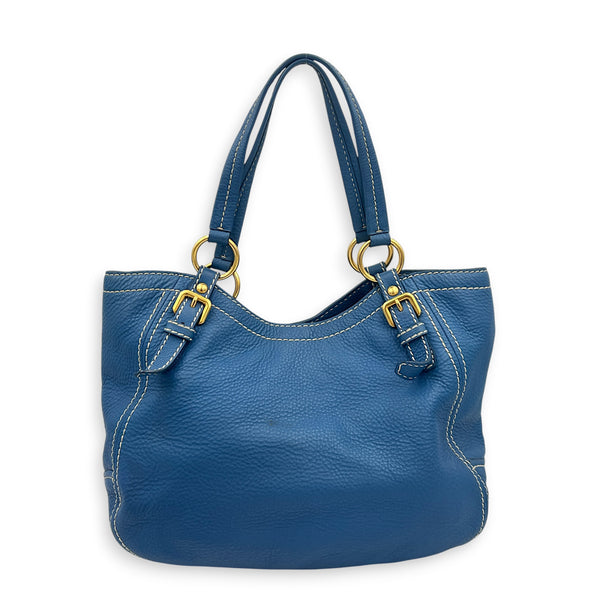 Logo Top Handle Bag Blue in Calfskin, Gold hardware