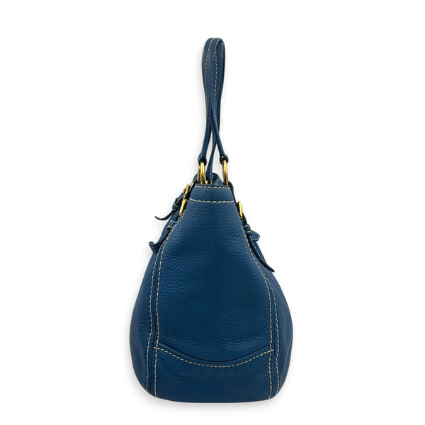 Logo Top Handle Bag Blue in Calfskin, Gold hardware