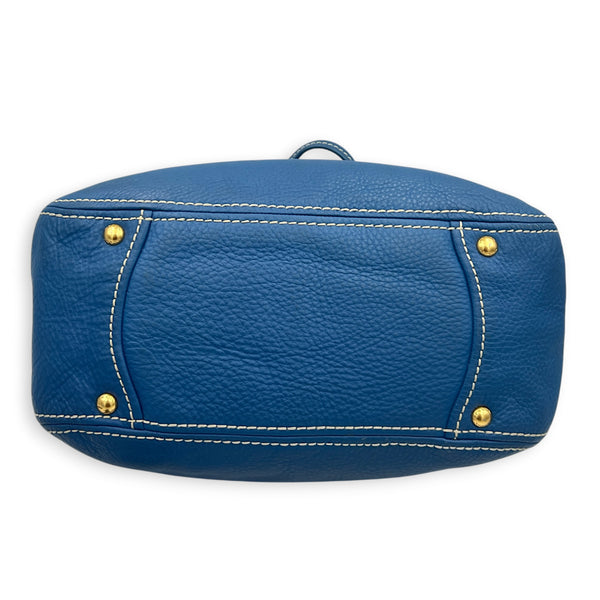 Logo Top Handle Bag Blue in Calfskin, Gold hardware
