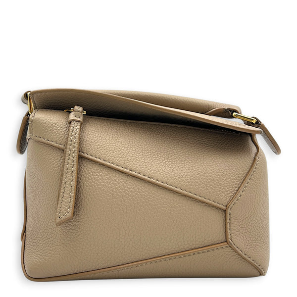 Puzzle Mini Sand Top Handle Bag in Calfskin, Gold hardware