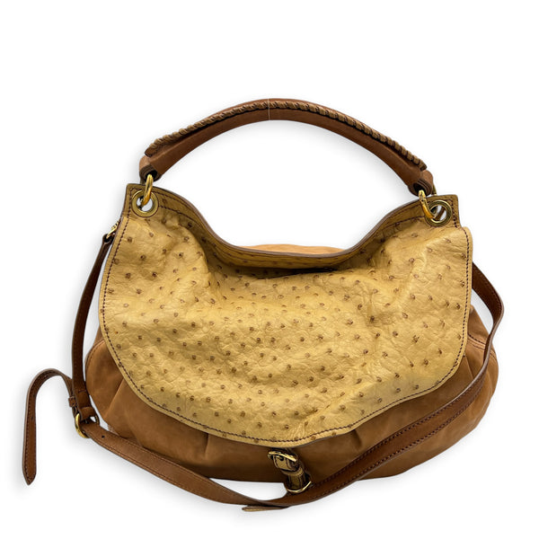 Top Shoulder Bag Cognac in Ostrich, Gold hardware
