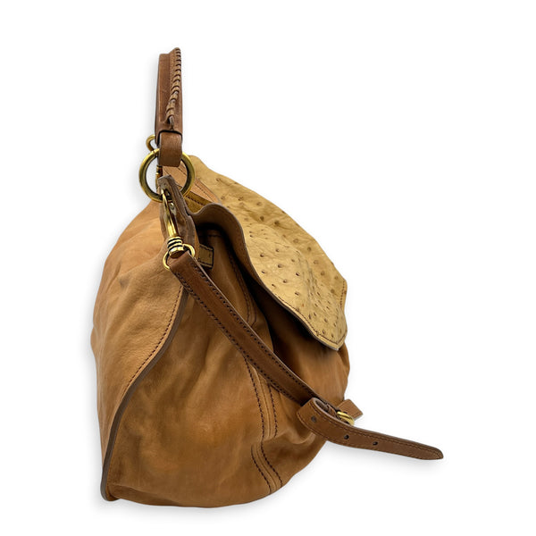 Top Shoulder Bag Cognac in Ostrich, Gold hardware