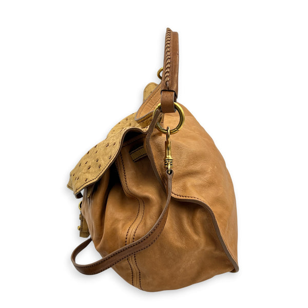 Top Shoulder Bag Cognac in Ostrich, Gold hardware