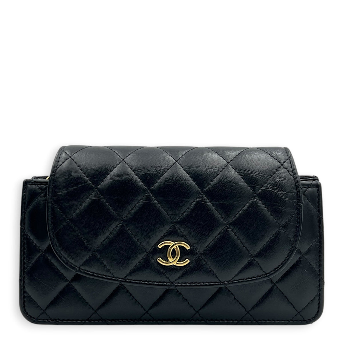 Accordion CC Wallet On Chain Black in Lambskin, Gold hardware