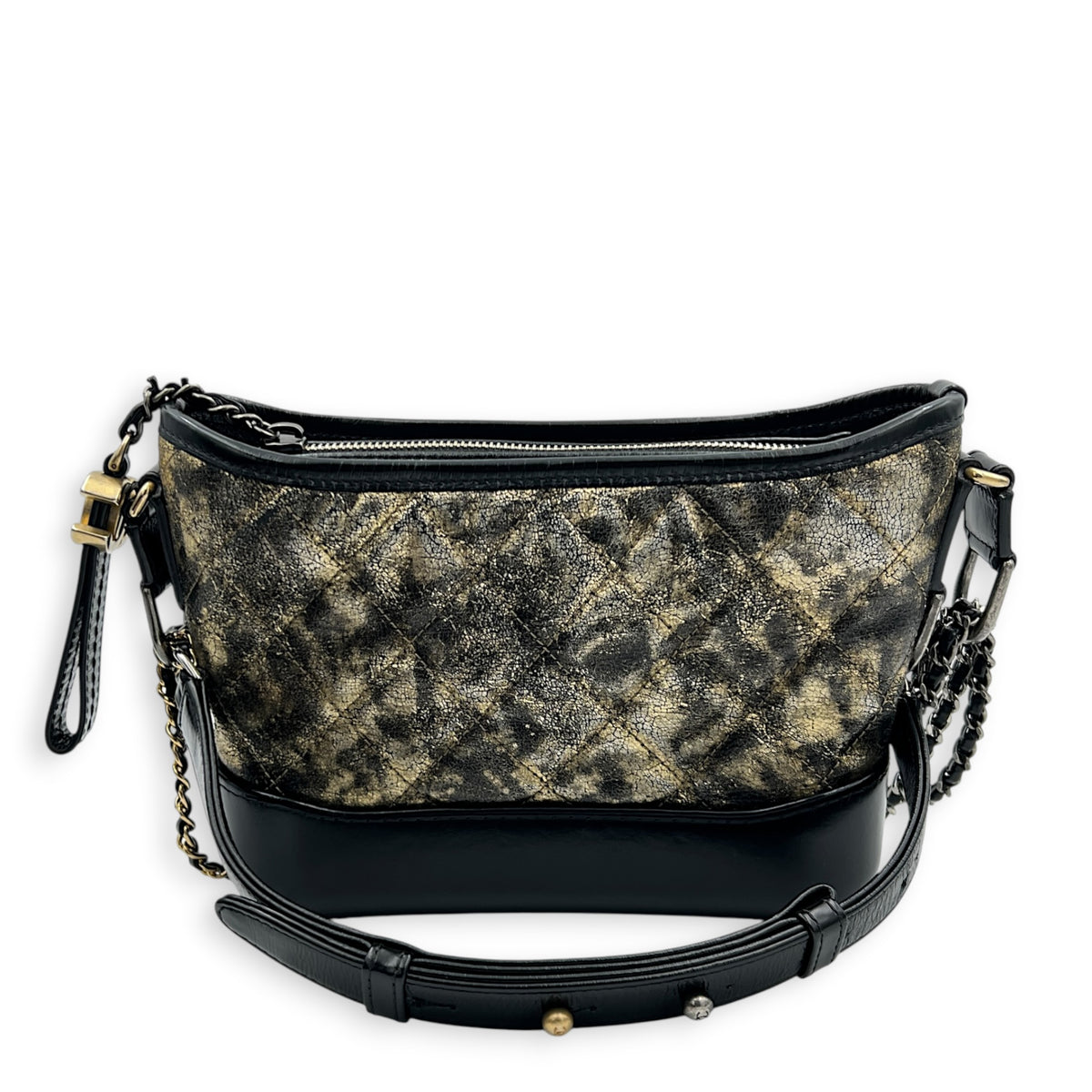Gabrielle Shoulder Bag Small Black & Gold Metallic in Distressed Leather, Mixed hardware