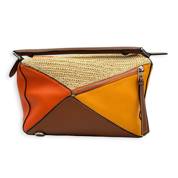 Puzzle Medium Multi-colour Shoulder Bag in Raffia, Silver hardware
