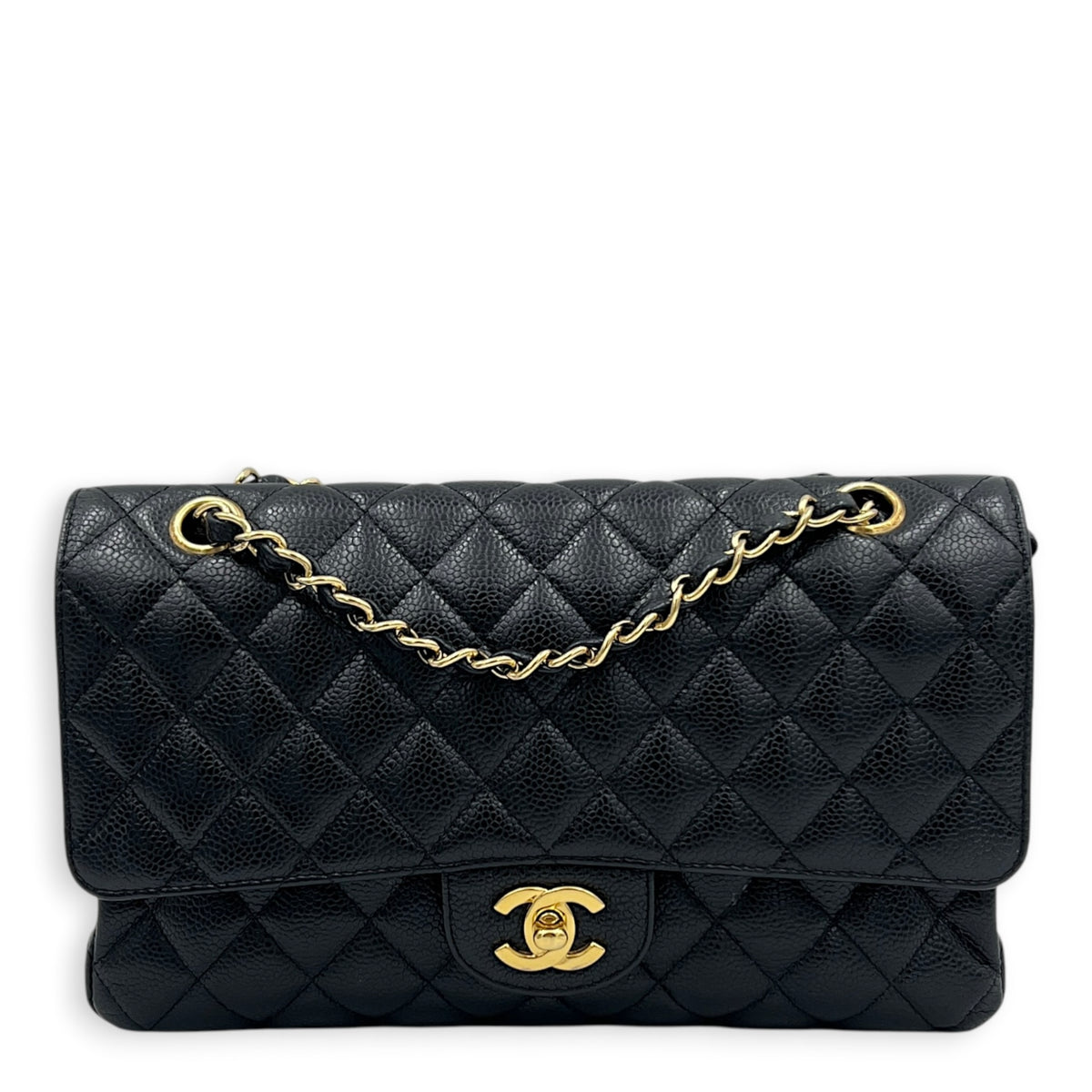 Classic Double Flap Shoulder Bag Medium Black in Caviar Leather, Gold hardware