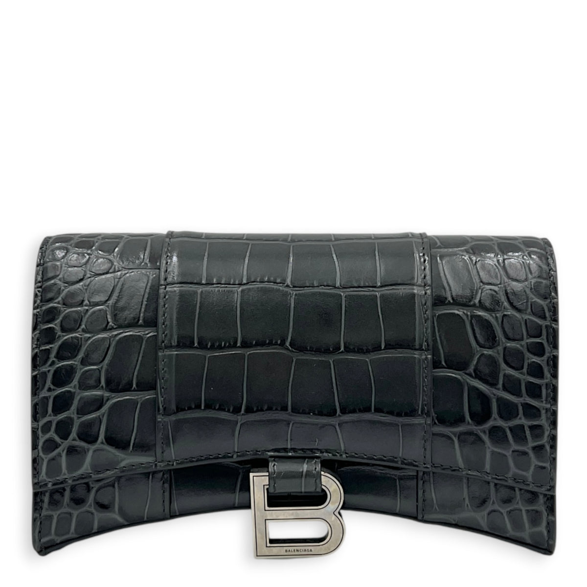 Hourglass Wallet On Chain Grey in Crocodile Embossed Calfskin, Ruthenium hardware