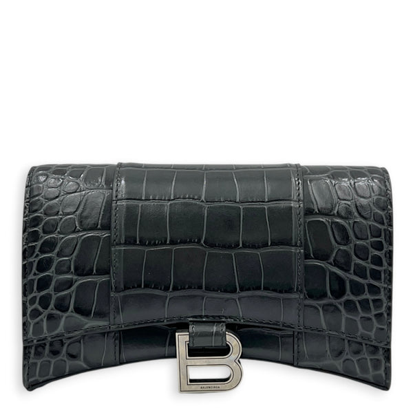 Hourglass Wallet On Chain Grey in Crocodile Embossed Calfskin, Ruthenium hardware