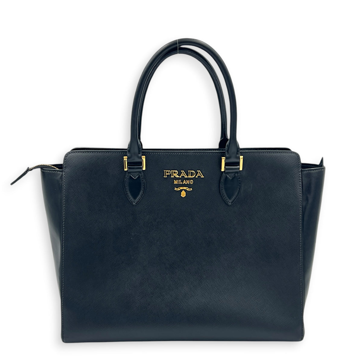 Logo Black Top Handle Bag in Saffiano Leather, Gold hardware