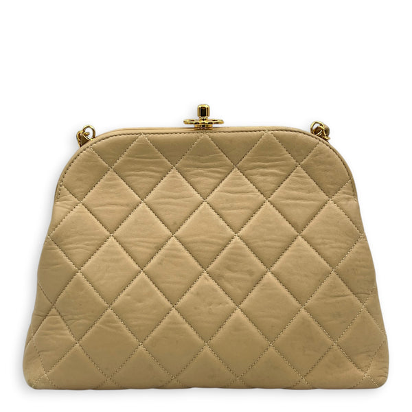 Kiss Lock Beige Shoulder Bag in Lambskin, Gold hardware