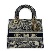 Lady Dior Top Handle Bag Blue in Fabric, Light Gold hardware