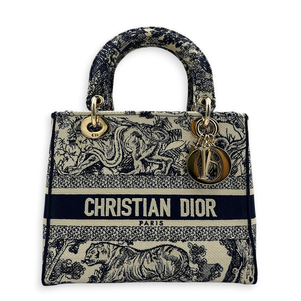 Lady Dior Top Handle Bag Blue in Fabric, Light Gold hardware