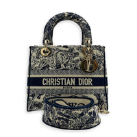 Lady Dior Top Handle Bag Blue in Fabric, Light Gold hardware
