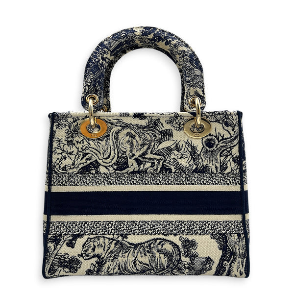 Lady Dior Top Handle Bag Blue in Fabric, Light Gold hardware