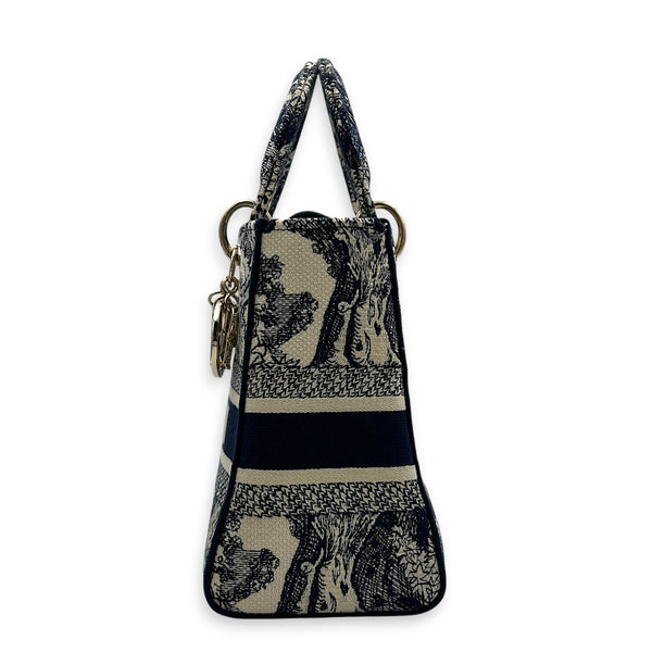 Lady Dior Top Handle Bag Blue in Fabric, Light Gold hardware
