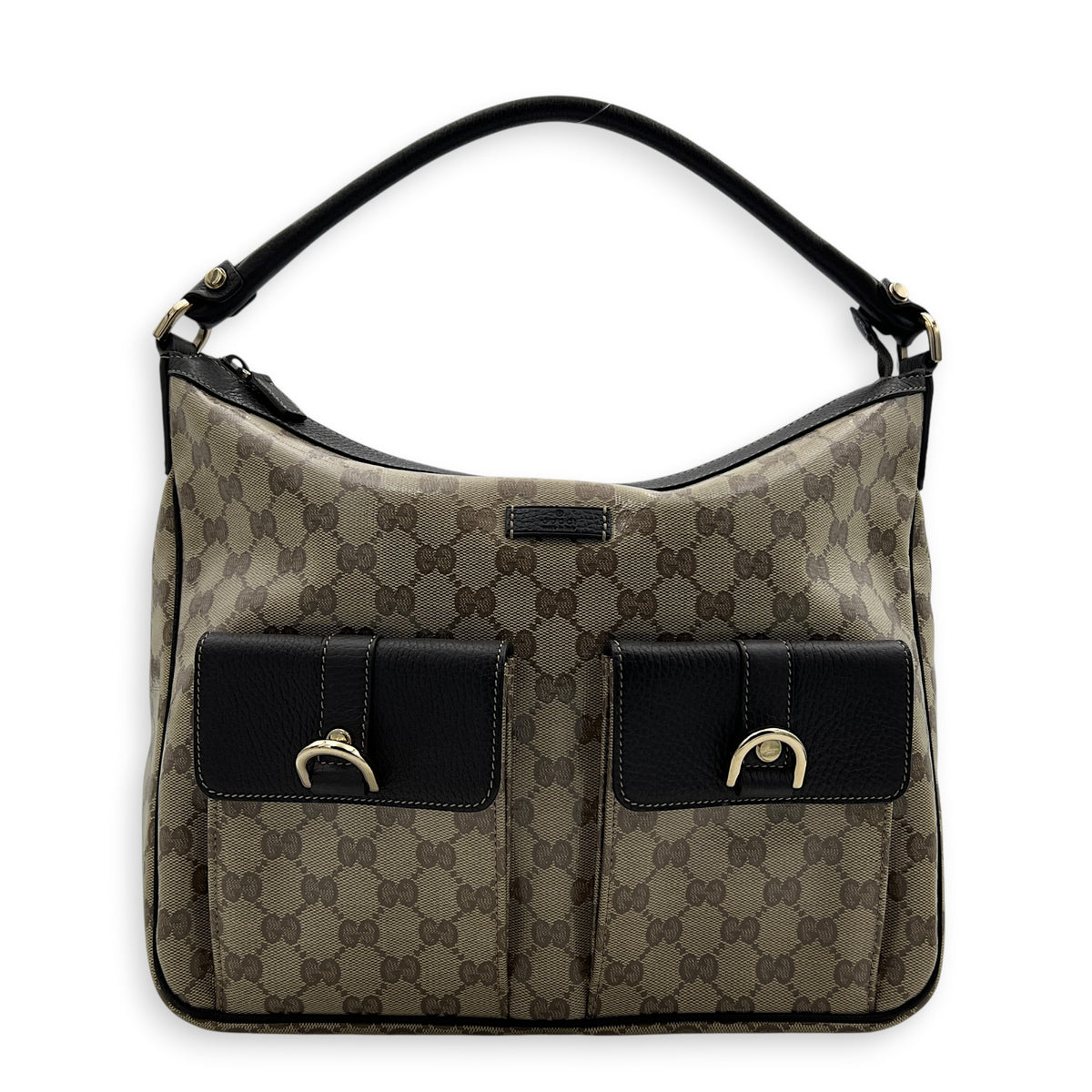 GG Crystal Abbey Pocket Hobo Beige Shoulder Bag in Coated Canvas, Gold hardware