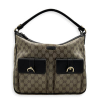 GG Crystal Abbey Pocket Hobo Beige Shoulder Bag in Coated Canvas, Gold hardware