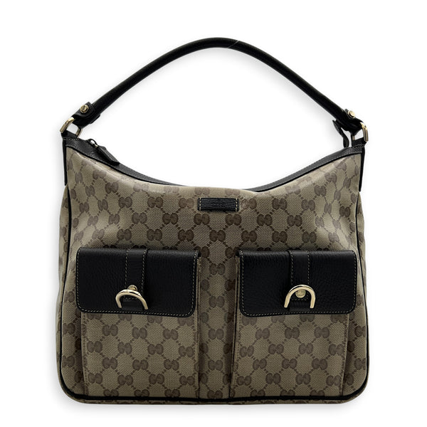 GG Crystal Abbey Pocket Hobo Beige Shoulder Bag in Coated Canvas, Gold hardware