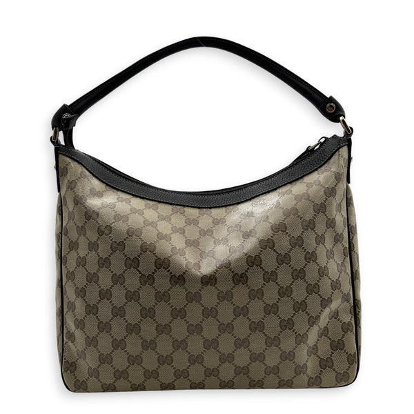 GG Crystal Abbey Pocket Hobo Beige Shoulder Bag in Coated Canvas, Gold hardware