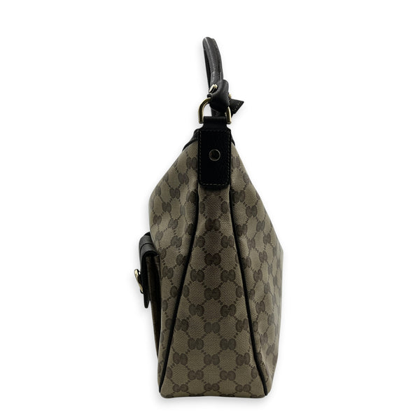 GG Crystal Abbey Pocket Hobo Beige Shoulder Bag in Coated Canvas, Gold hardware