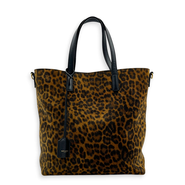 Toy Shopping Tote Leopard Print Top Handle Bag in Suede Leather, Gold hardware