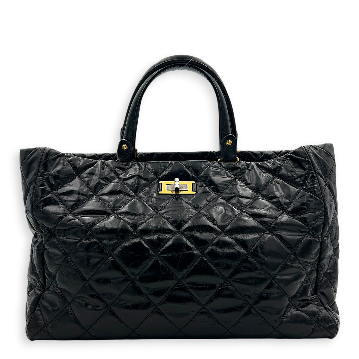 2.55 Tote Bag Black in Distressed Leather, Antique Brass hardware