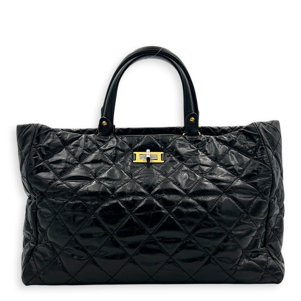 2.55 Tote Bag Black in Distressed Leather, Antique Brass hardware