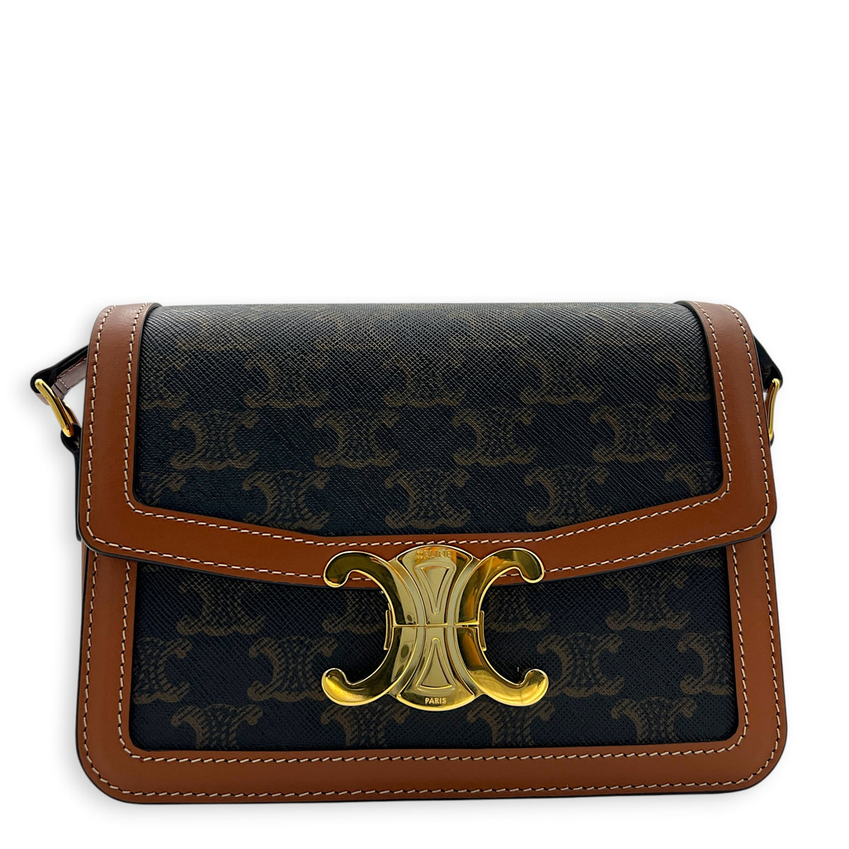 Triomphe Shoulder Bag Tan in Coated Canvas, Gold hardware