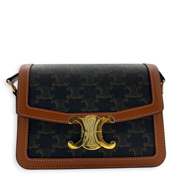Triomphe Shoulder Bag Tan in Coated Canvas, Gold hardware