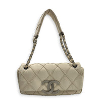 CC Double Stitch White Shoulder Bag in Lambskin, Silver hardware