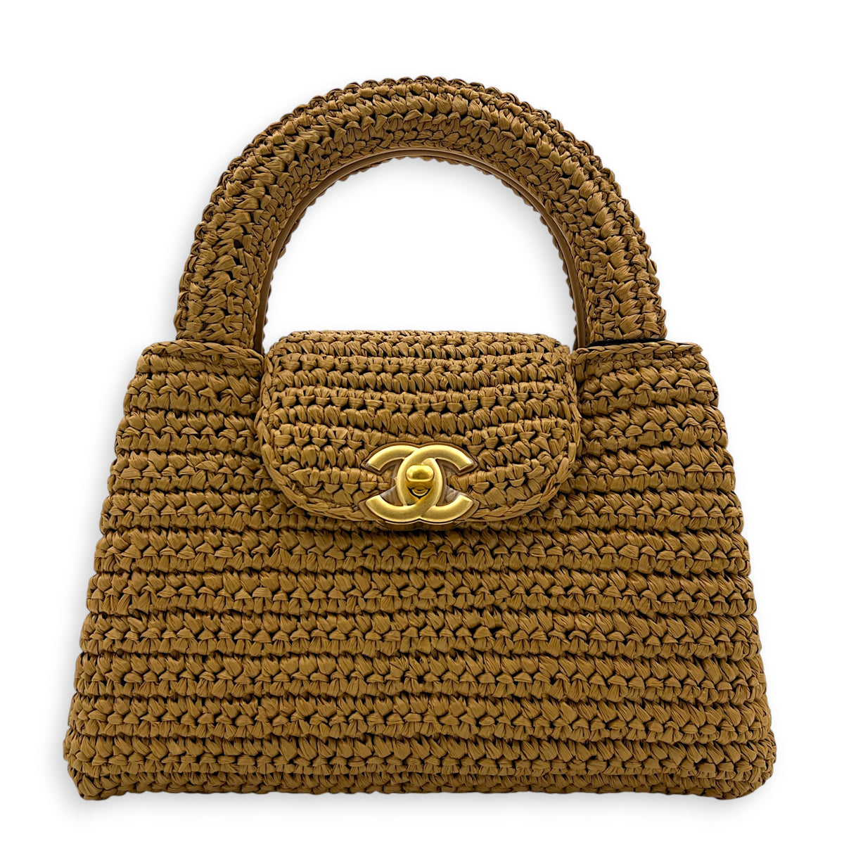 Kelly Top Handle Bag Small Brown in Raffia, Gold hardware