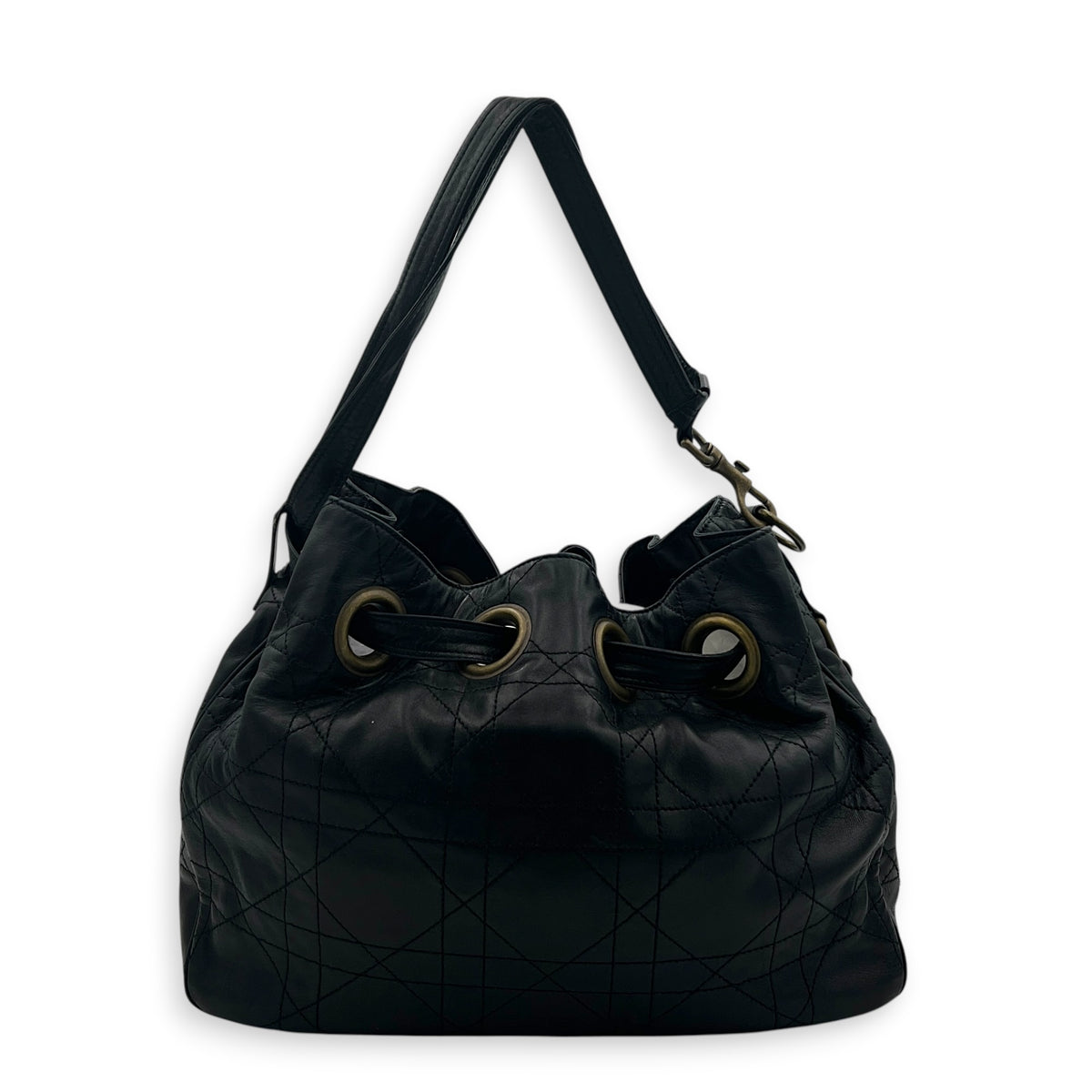 Cannage Shoulder Bag Black in Lambskin, Antique Brass hardware