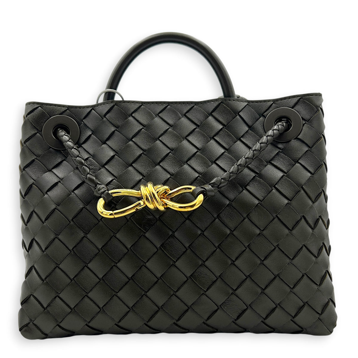 Andiamo Top Handle Bag Small Green in Intrecciato Leather, Gold hardware