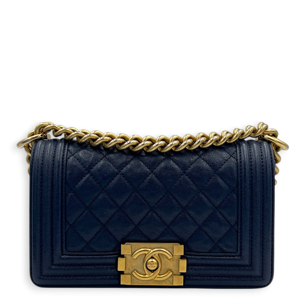 Boy Shoulder Bag Blue in Caviar Leather, Brushed Gold hardware