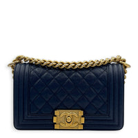 Boy Shoulder Bag Blue in Caviar Leather, Brushed Gold hardware
