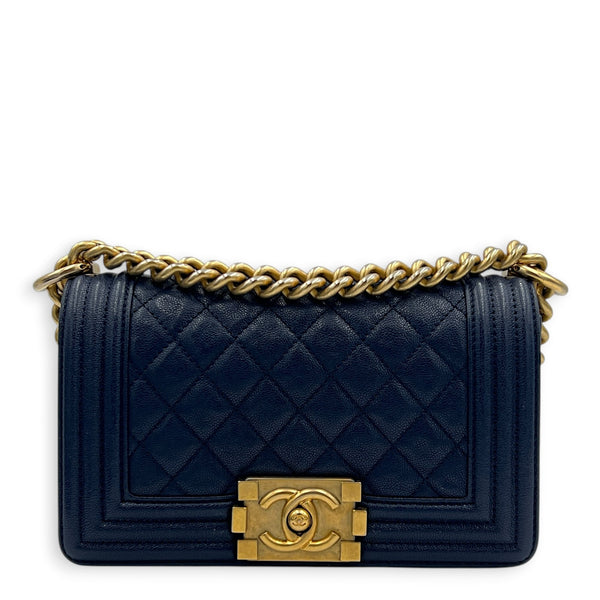 Boy Shoulder Bag Blue in Caviar Leather, Brushed Gold hardware