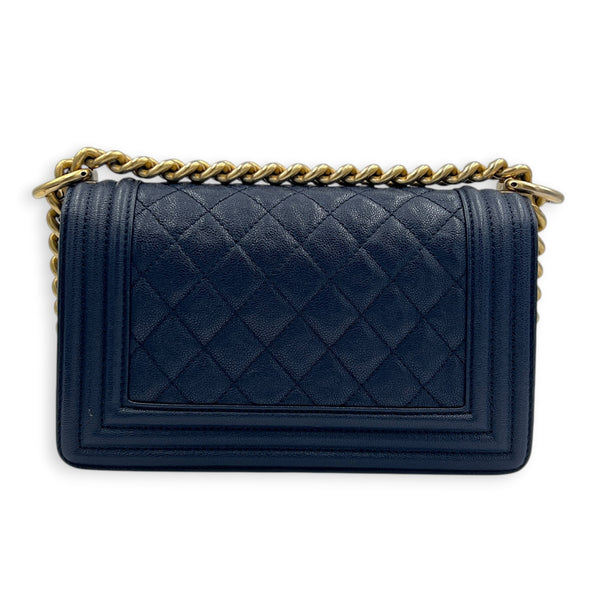 Boy Shoulder Bag Blue in Caviar Leather, Brushed Gold hardware