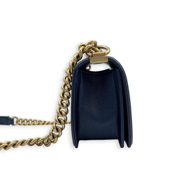 Boy Shoulder Bag Blue in Caviar Leather, Brushed Gold hardware